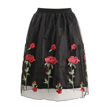 Retro Rose Floral Embroidery Midi Tulle Puff Skirts Vintage Women High Waist Skirts Saia Feminina 2018 Mesh Skirts Ball Gown